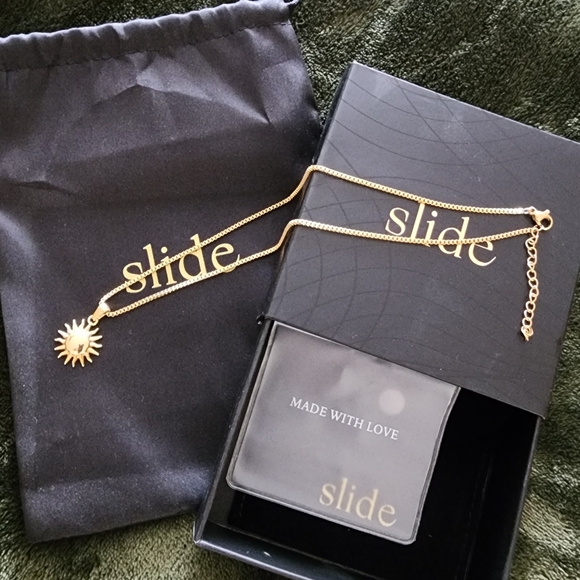 Slide Jewelry Stainless Steel. Gold Boxchain Necklace W Sunburst NIB - Picture 2 of 7